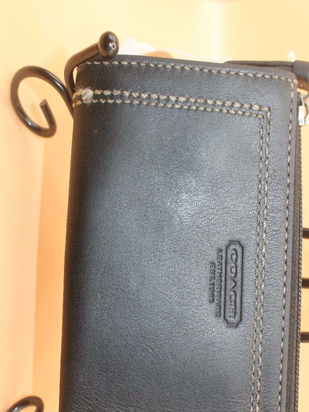 Coach Black Leather Zip Top Wristlet with Contrast Stitching 0119